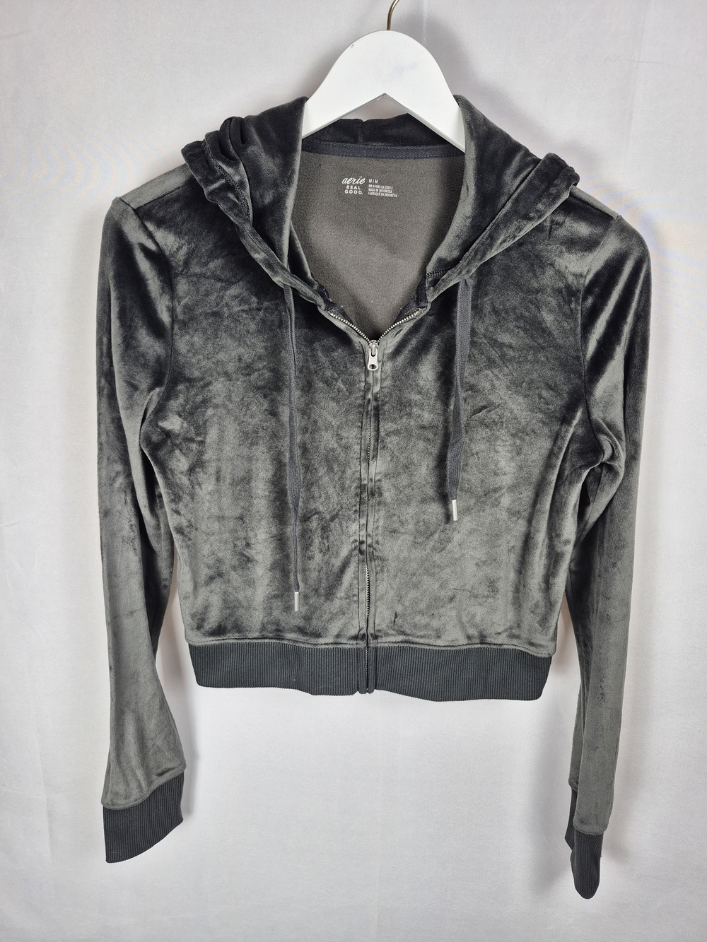 aerie Gray Velour Zip-Up Hoodie Jacket Size M